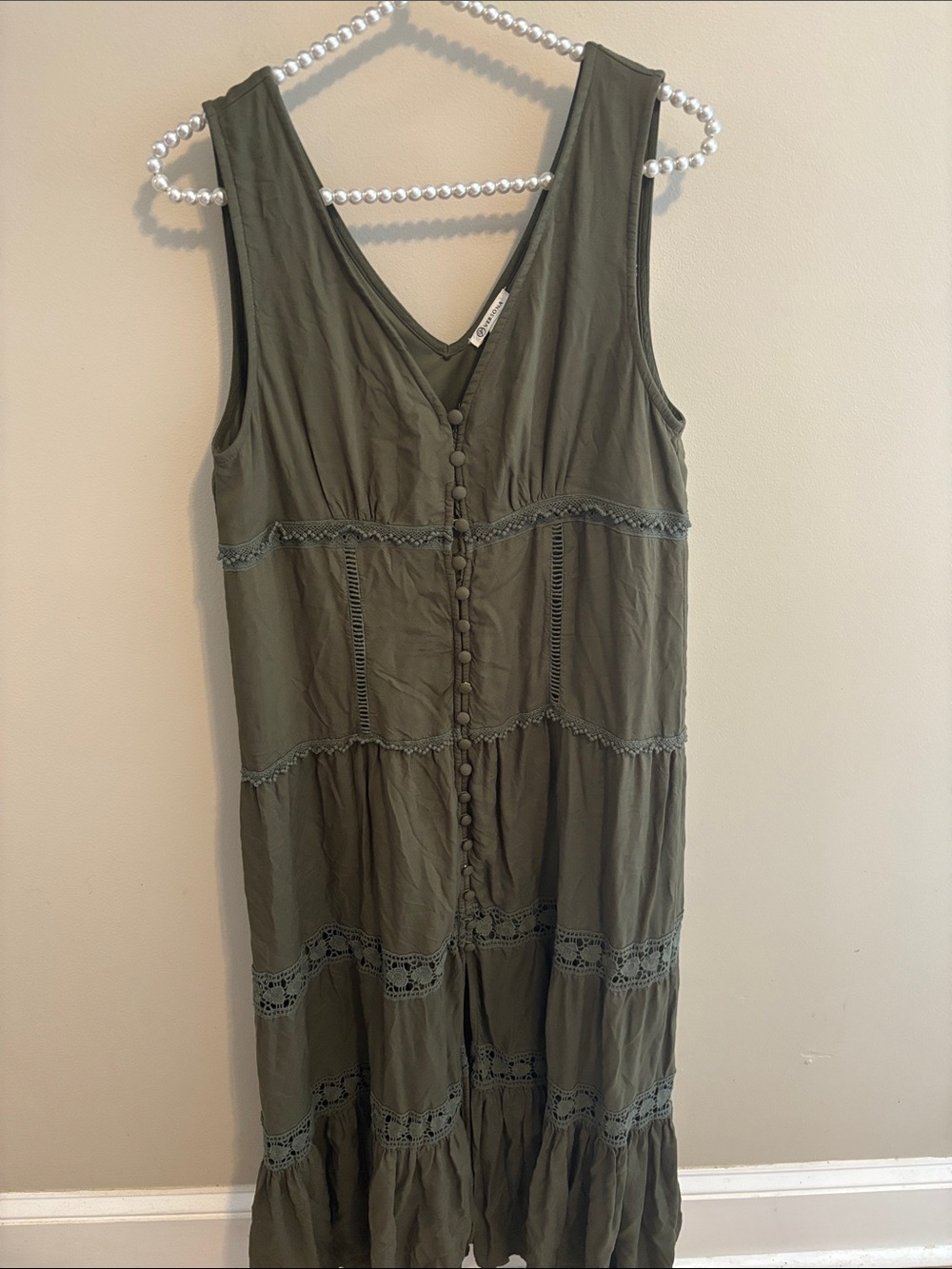 Versona Dress Large L Olive Green Maxi Tiered Crochet Lace Boho Sleeveless
